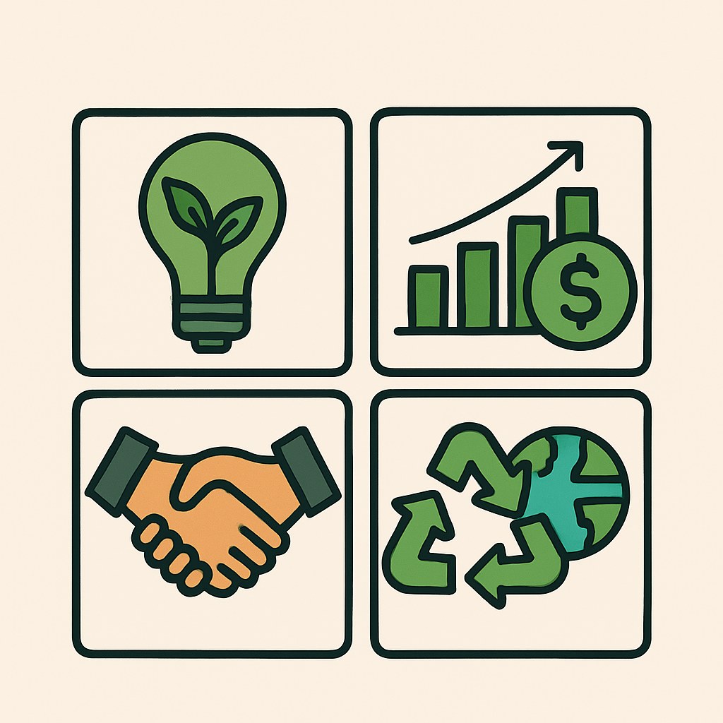 Quattro icone a simboleggiare il concetto di business che va a braccetto con la sostenibilità